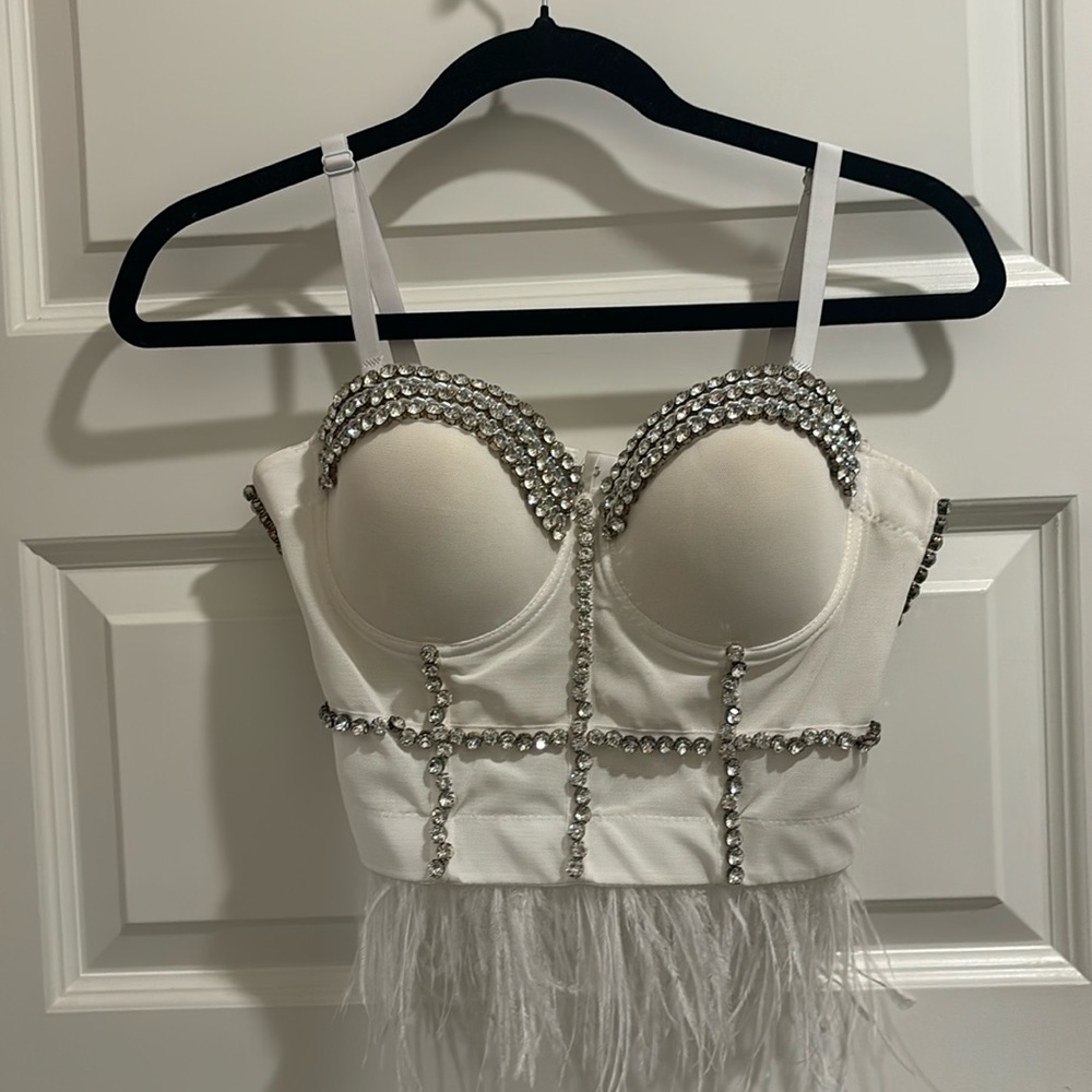 White rhinestone bustier with feathers trim